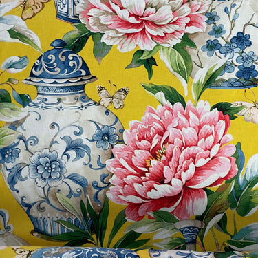 Ming vase and peony flower fabric close-up